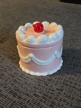 Pink Ceramic Cake Trinket Box with Cherry Accent